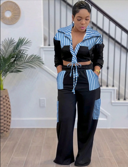 Set pantalon y camisa azul rayas blanca